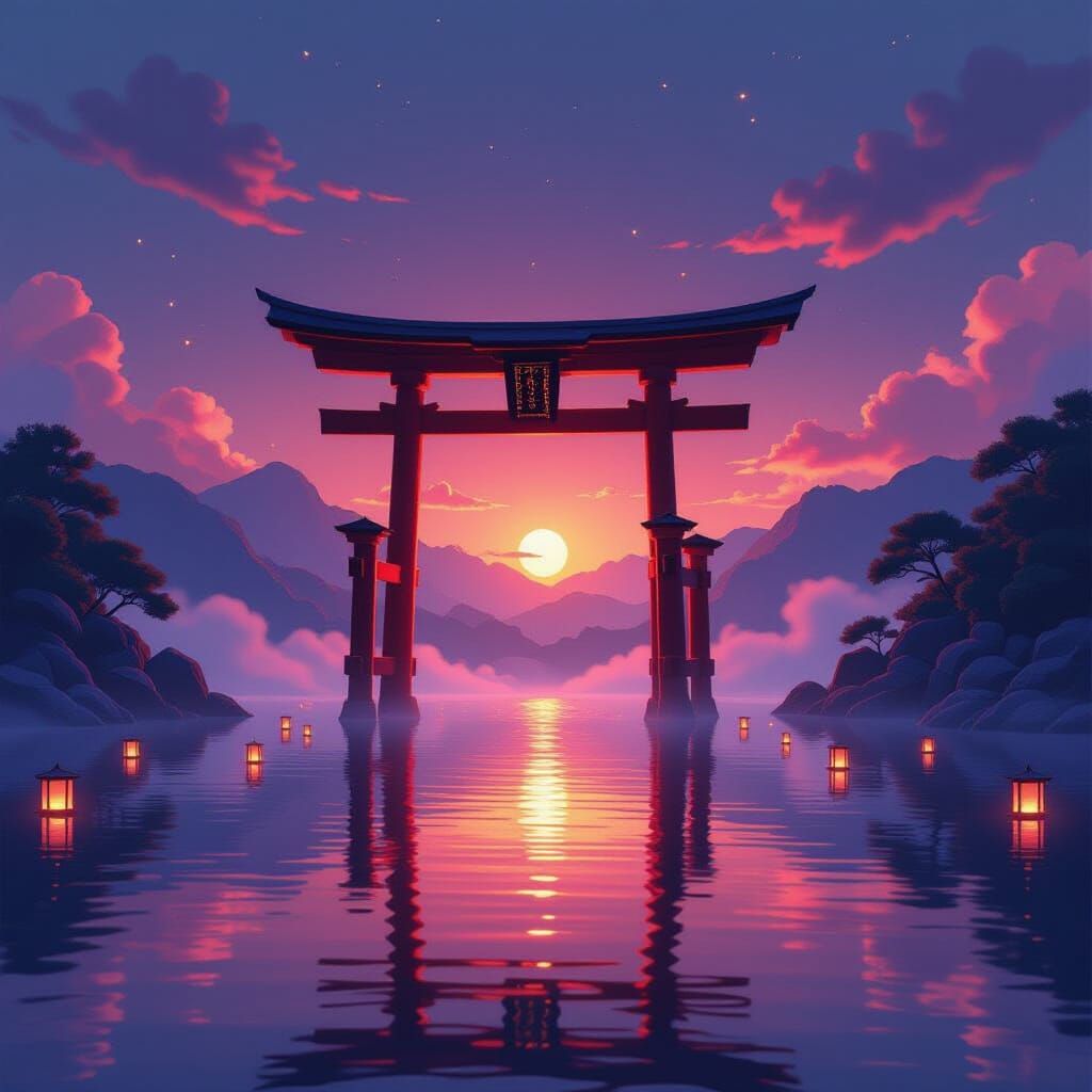 Mystical Torii Gate Emerges from Misty Waters at Twilight