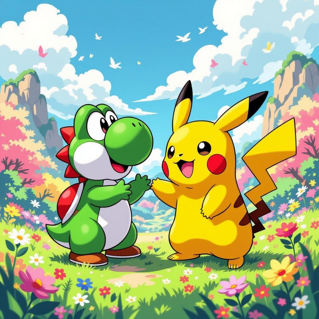 Yoshi and Pikachu Play in Vibrant Landscape