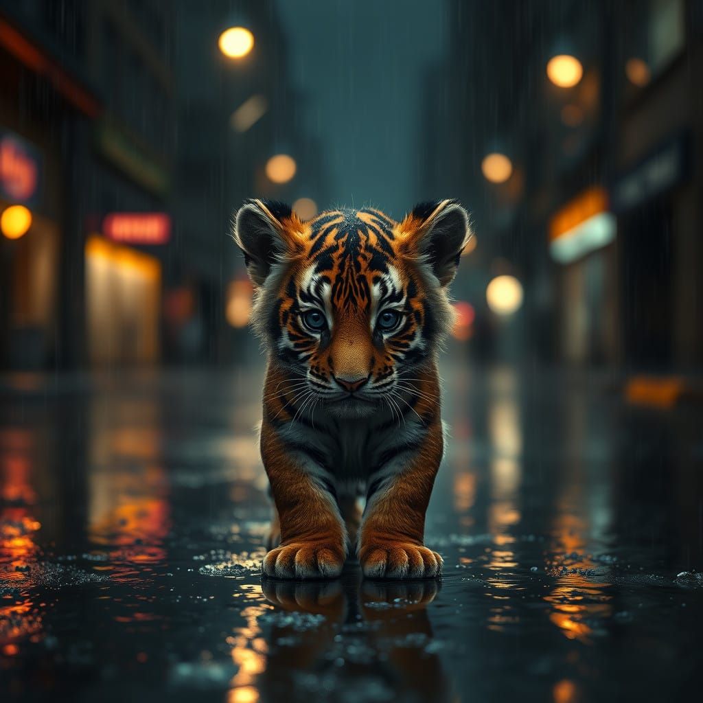 Lonely Tiger Cub in Rainy Street Scene
