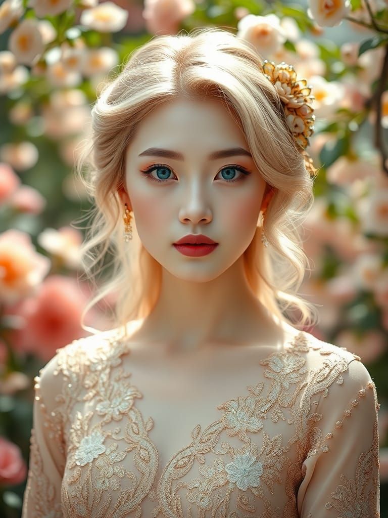 Japanese Beauty in Enchanted Garden, Photorealistic Portrait