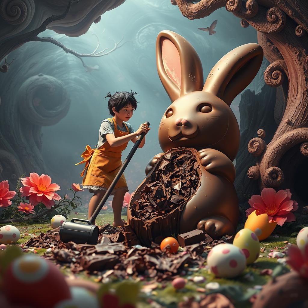 Whimsical Dreamscape: Vacuuming a Shattered Chocolate Bunny