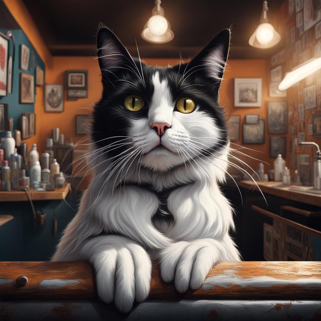 Detailed Cat Portrait in Italian Barbershop