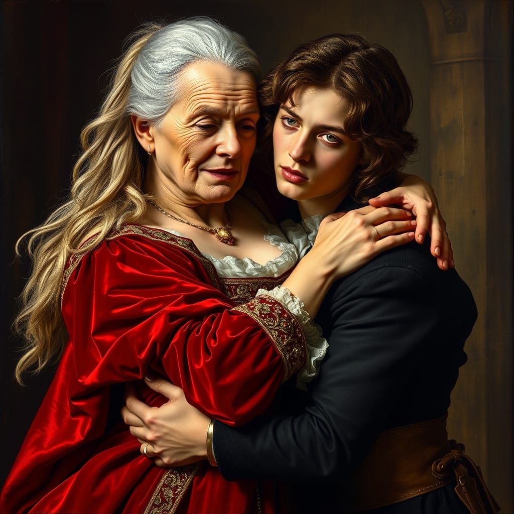 Renaissance Juliet and Romeo Embrace: Chiaroscuro Style