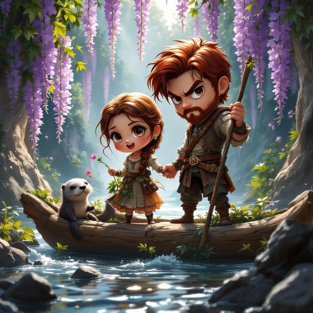 Chibi Couple's River Journey in Oil Realism