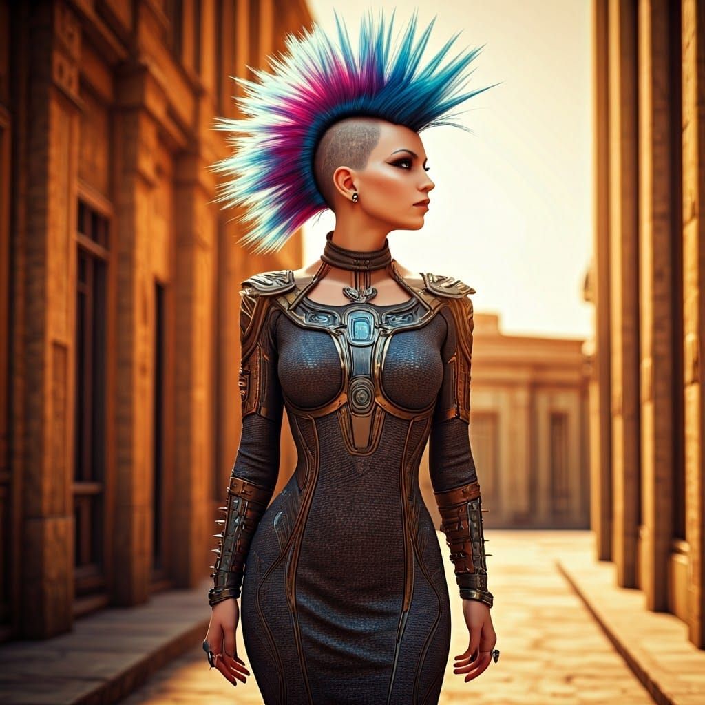 Solar Punk Goddess in Avant-Garde Cyberpunk Attire