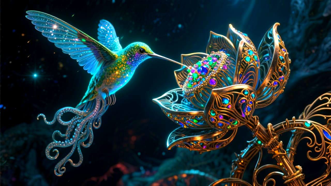 Bioluminescent Hummingbird and Art Deco Lotus Sculpture