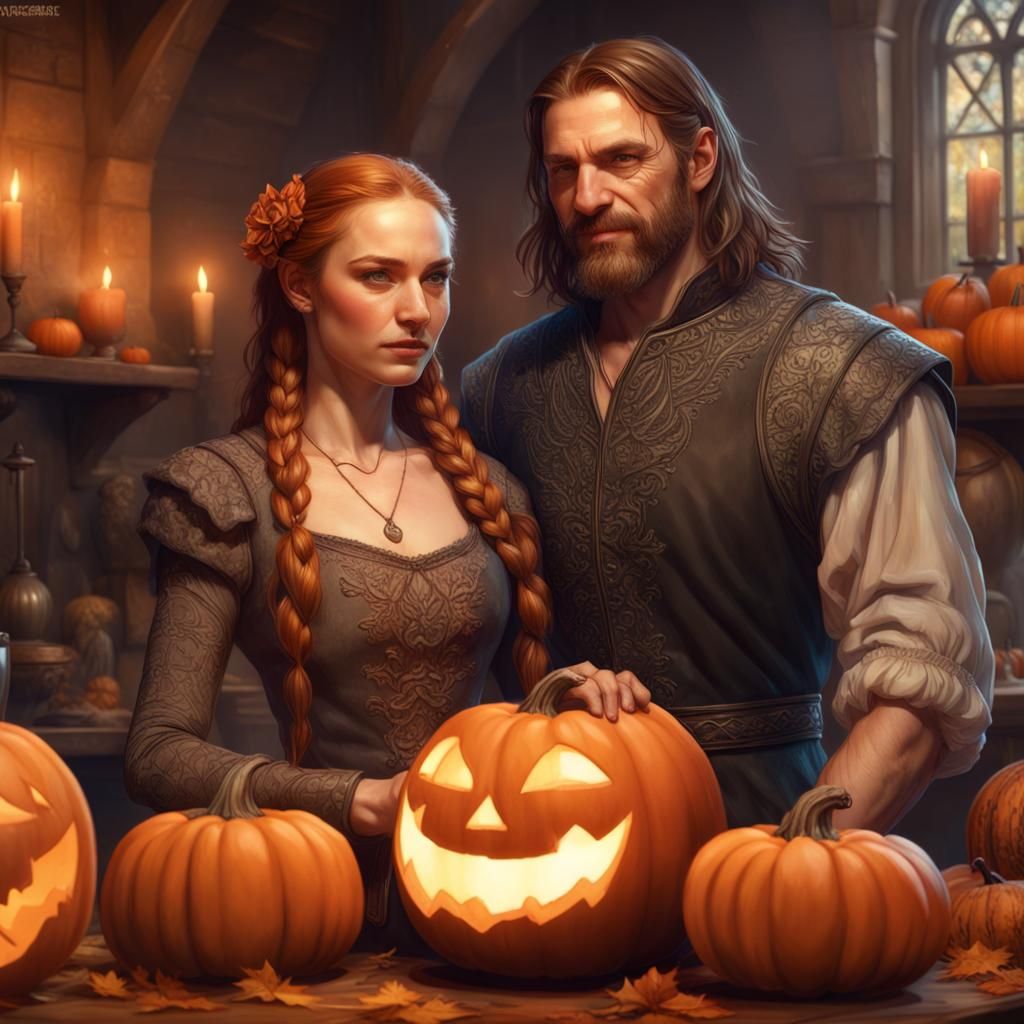 Couple Carving Pumpkins in Castle Kitchen, Hyperdetailed Por...