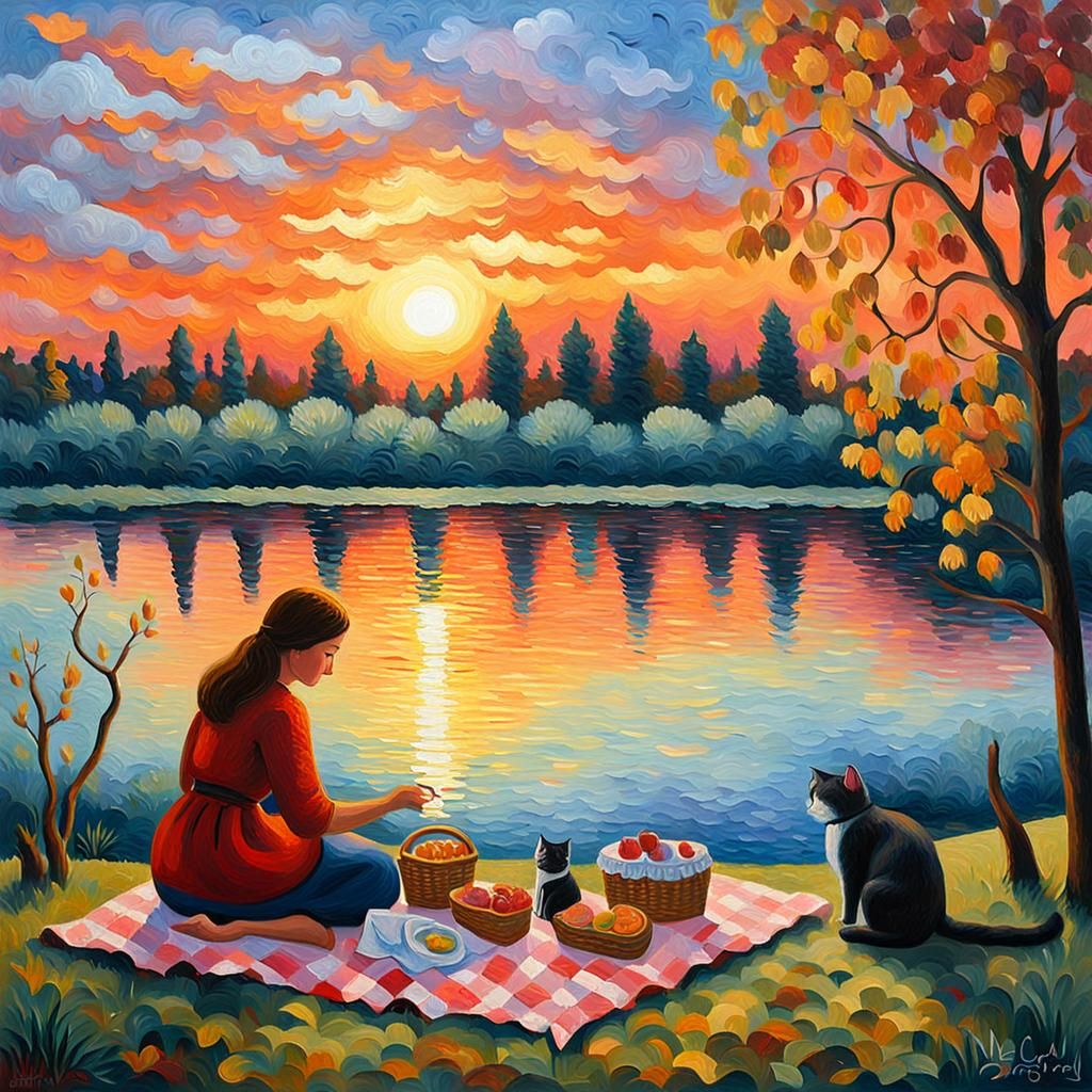 Lakeside Picnic with Cat in Expressionist Style