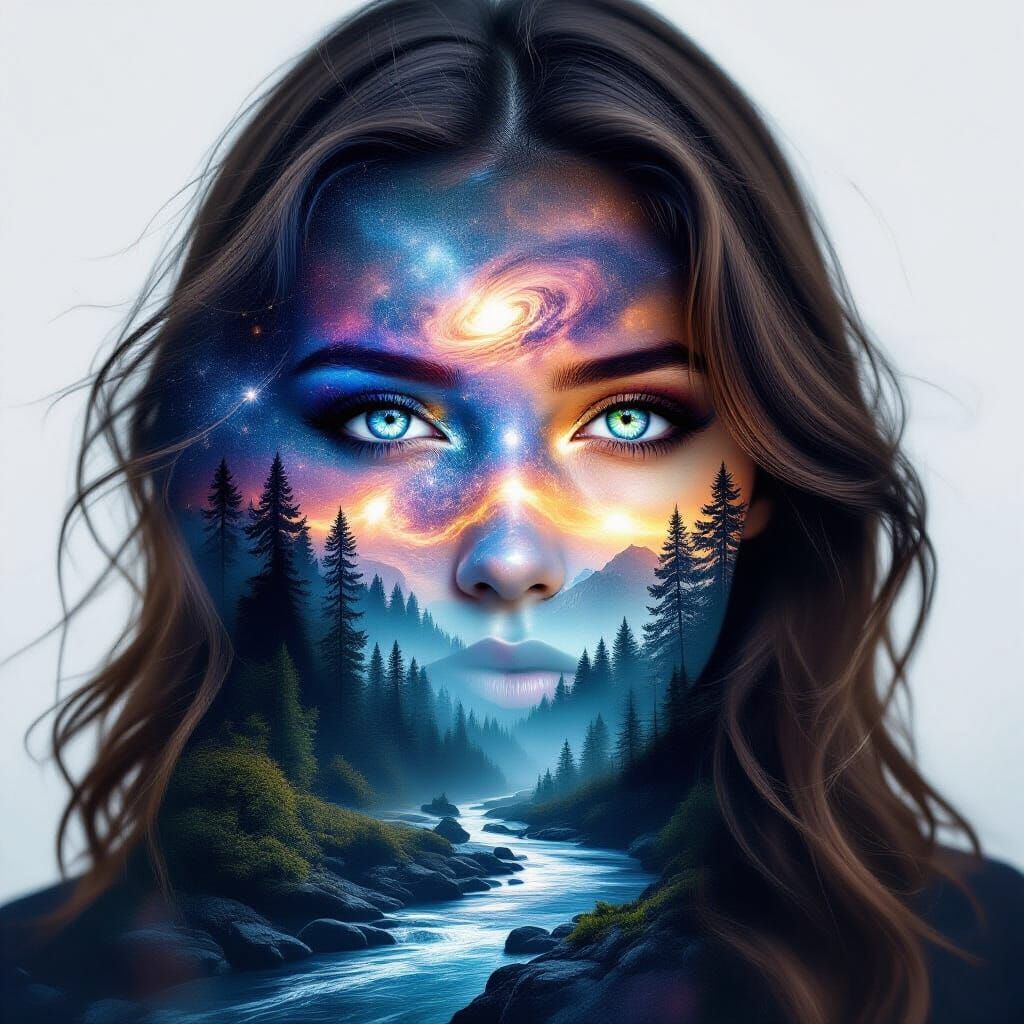 Surreal Multiple Exposure Portrait with Galaxies and Forest