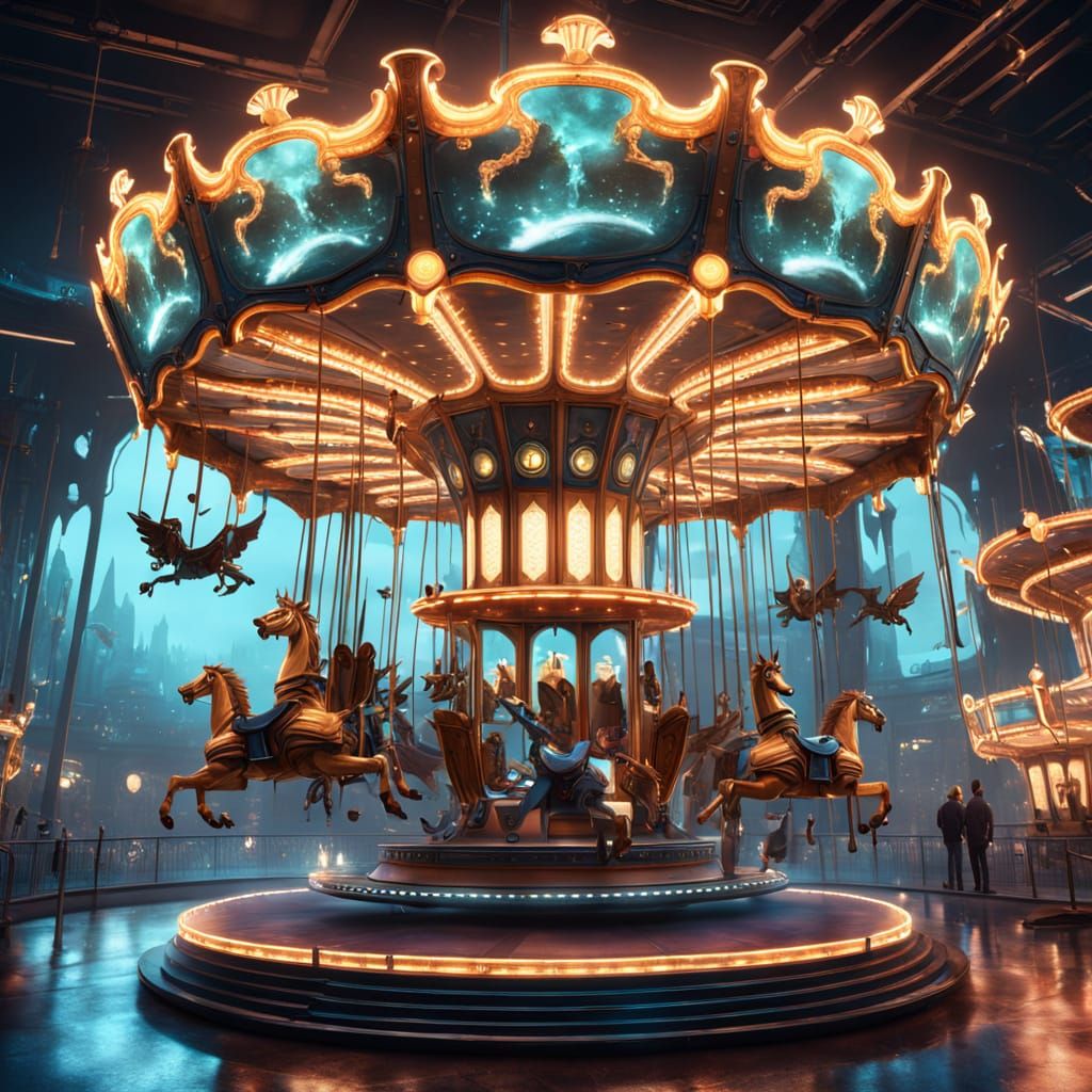 Futuristic Carousel with Floating, Glowing Seats
