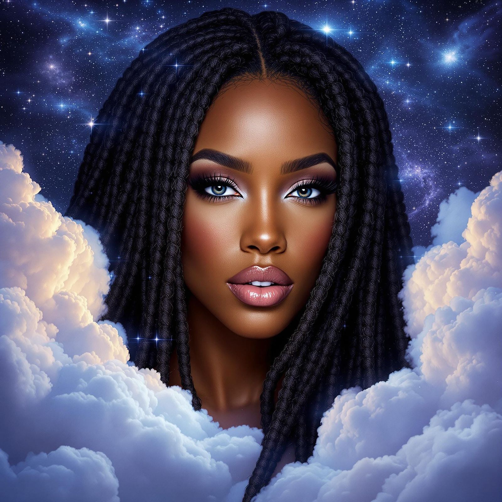 Goddess Portrait with Braided Hair and Cosmic Clouds