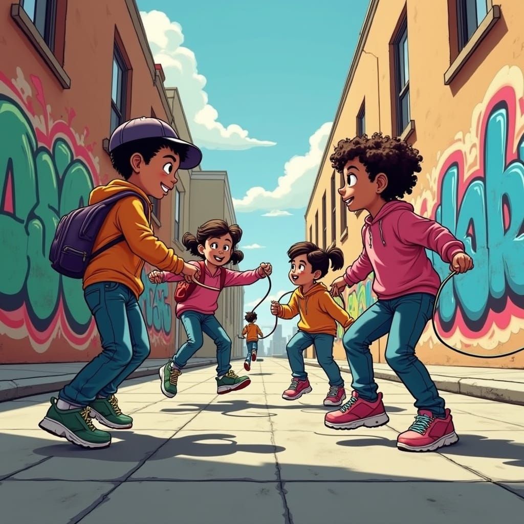 Vibrant Urban Street Art Scene of Kids Jumping Double Dutch
