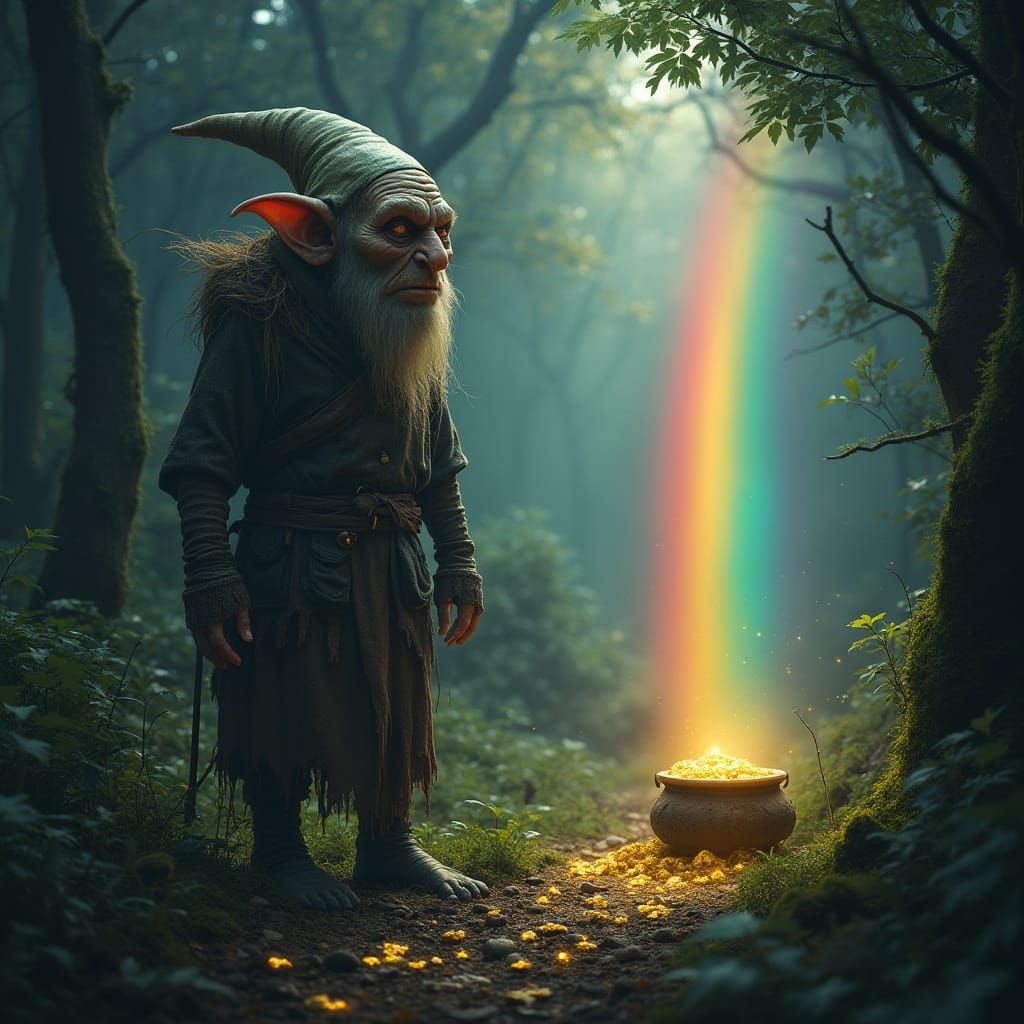 Goblin in Dark Forest Beneath a Mysterious Rainbow