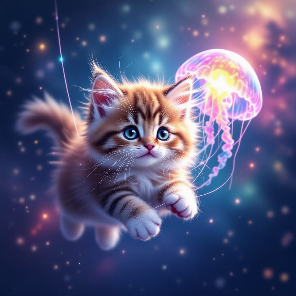 Nebula Kitten and Bioluminescent Jellyfish in Hyperrealism