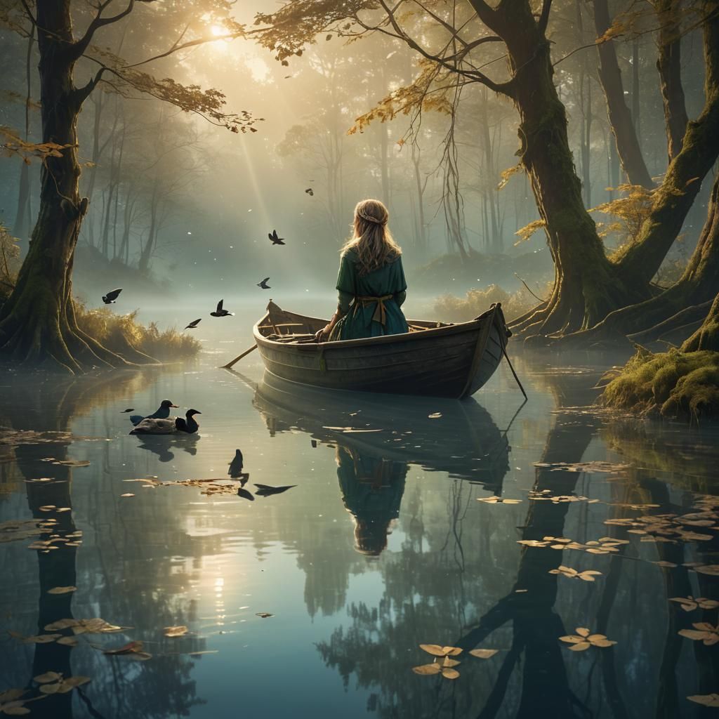Girl in Boat on Misty Lake: Fantasy Matte Painting