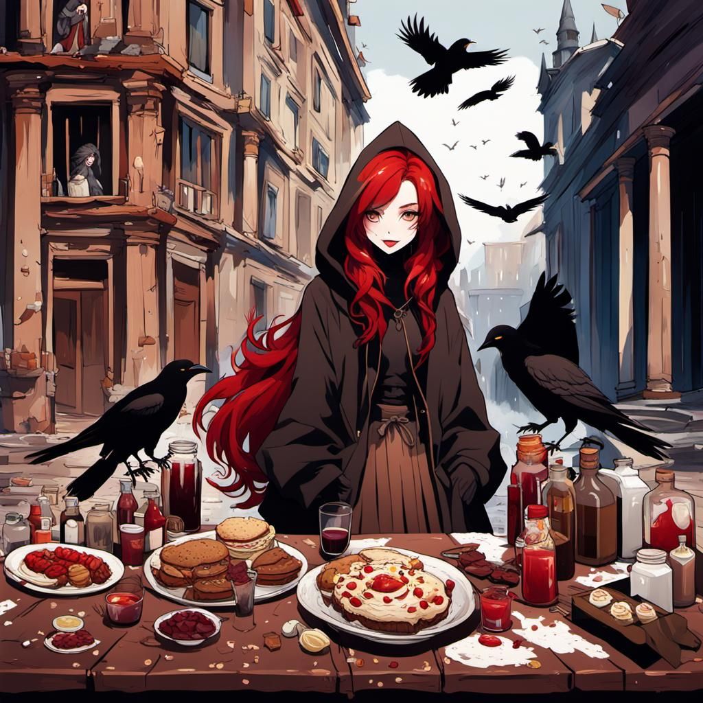 Gothic Chic Girl Amidst Ruins and Feast