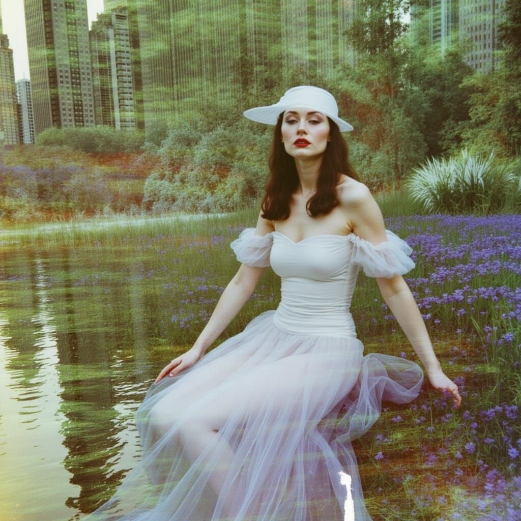 Ethereal Woman in Dystopian Cityscape