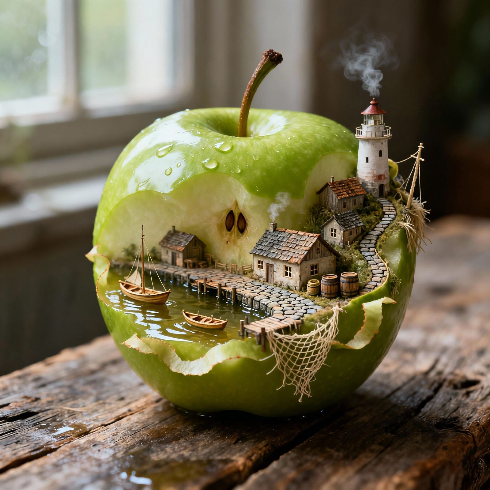 Hyper-Intricate Apple Carving of a Fishing Village