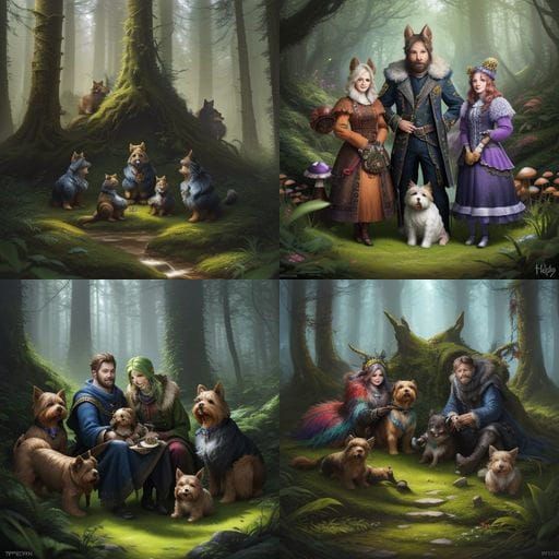 Cute Yorkshire Terrier Family in Detailed Fantasy Forest