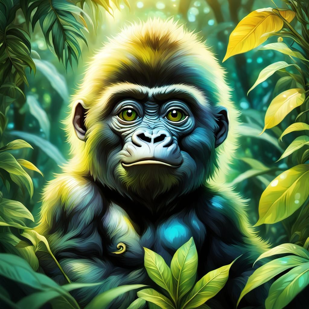 Iridescent Chibi Gorilla in Jungle, Surrealist Photography