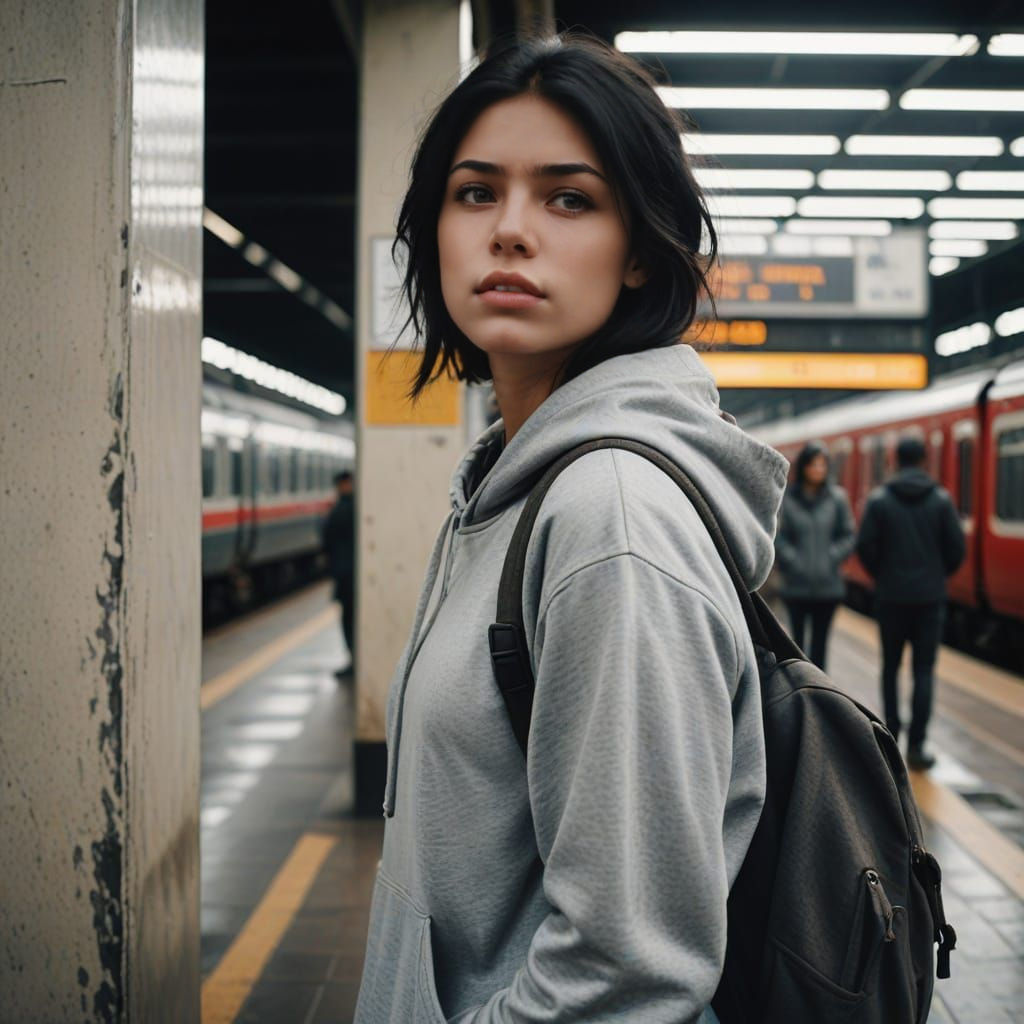 Girl in Hoodie at Railway Station: Cinematic Film Still