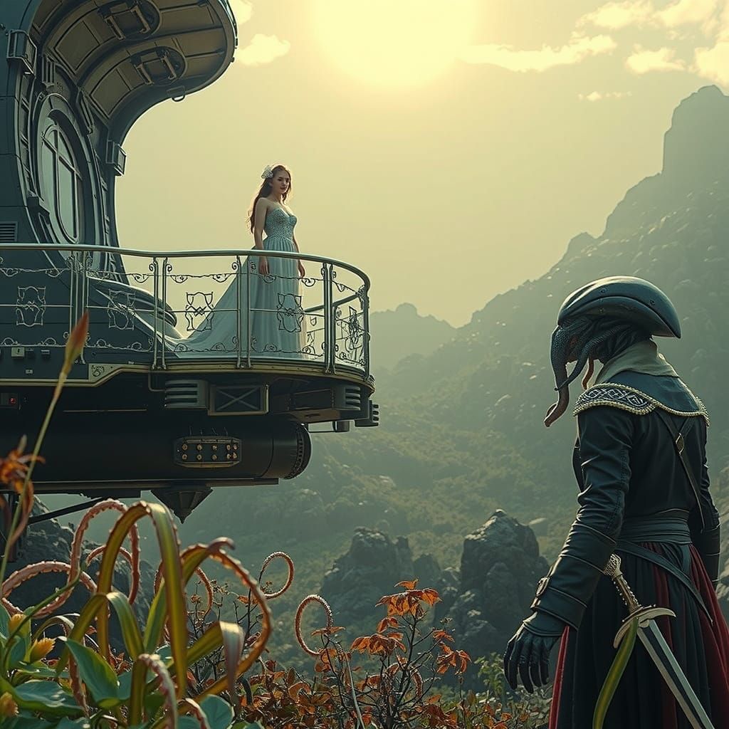 Cyborg Goddess on Airship Balcony in Alien Landscape
