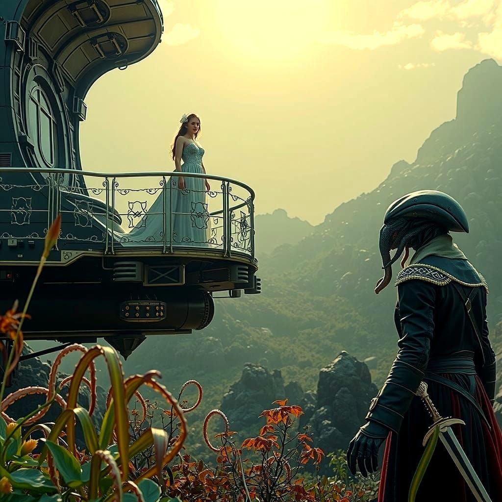 Cyborg Goddess on Airship Balcony in Alien Landscape