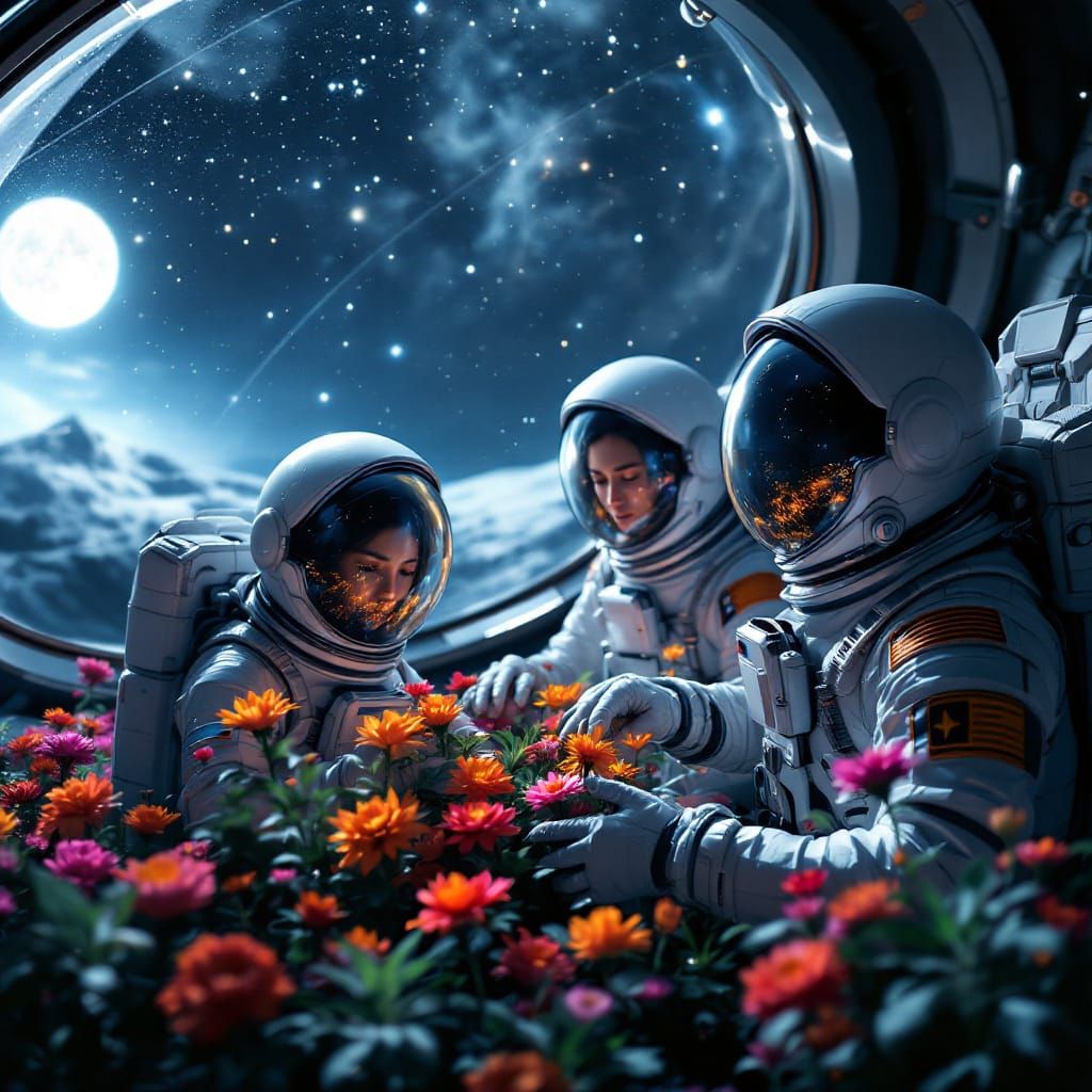 Astronauts Tend Lunar Flowers in Geodesic Dome