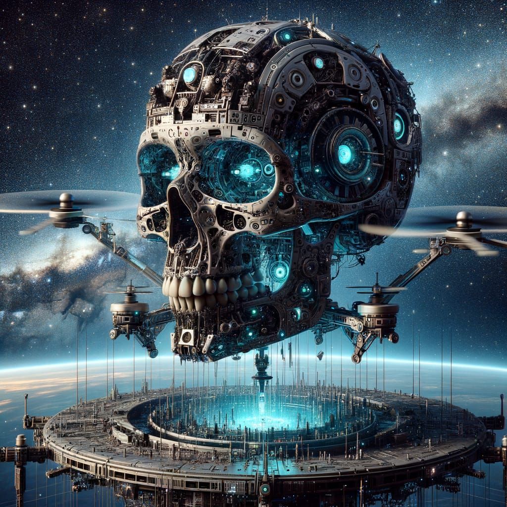Mechanical Skull Drone Repairs Spaceship in Cosmos