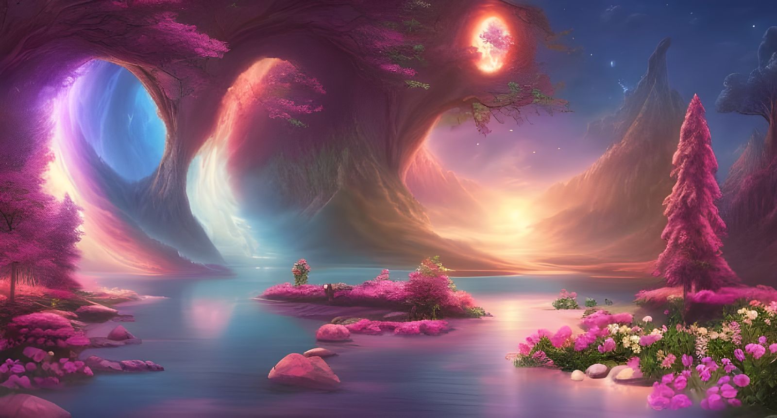 Bioluminescent Dragon Flowers in Ancient Fantasy Landscape