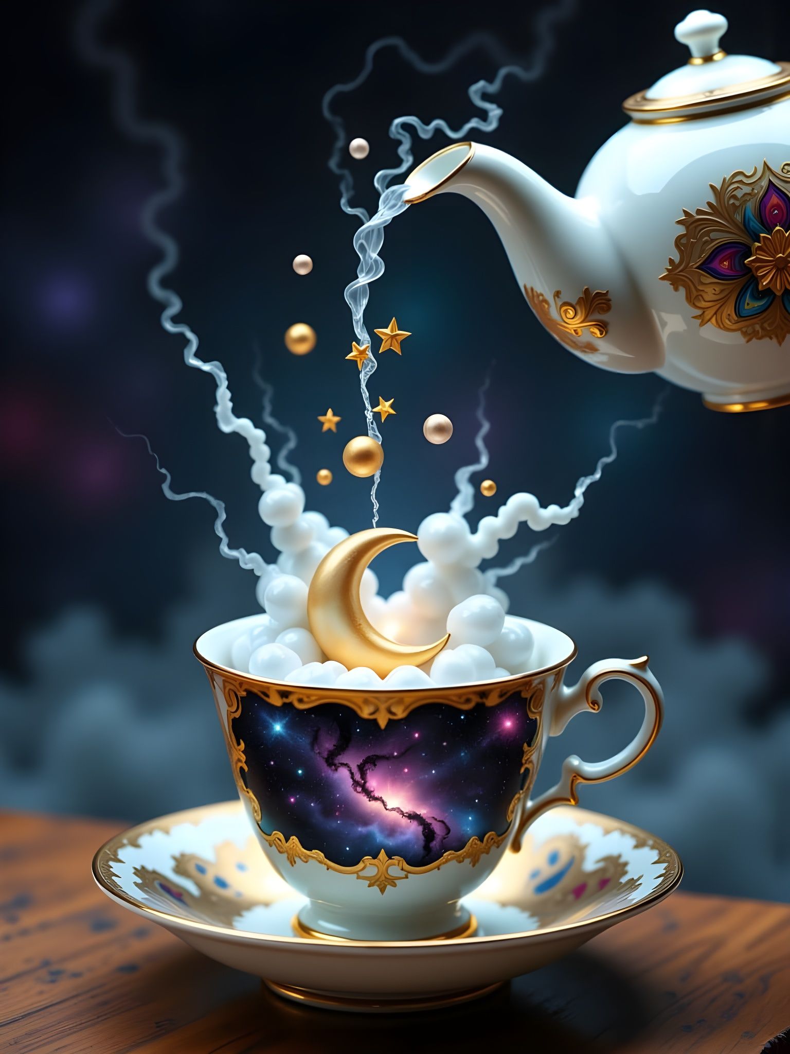 Teapot Pours Miniature Night Sky Into Cup With Stars & Plane...