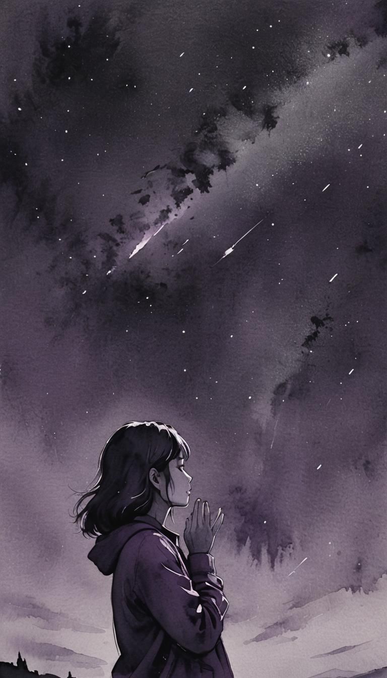 Minimalist Ink Painting of Girl Watching Meteor