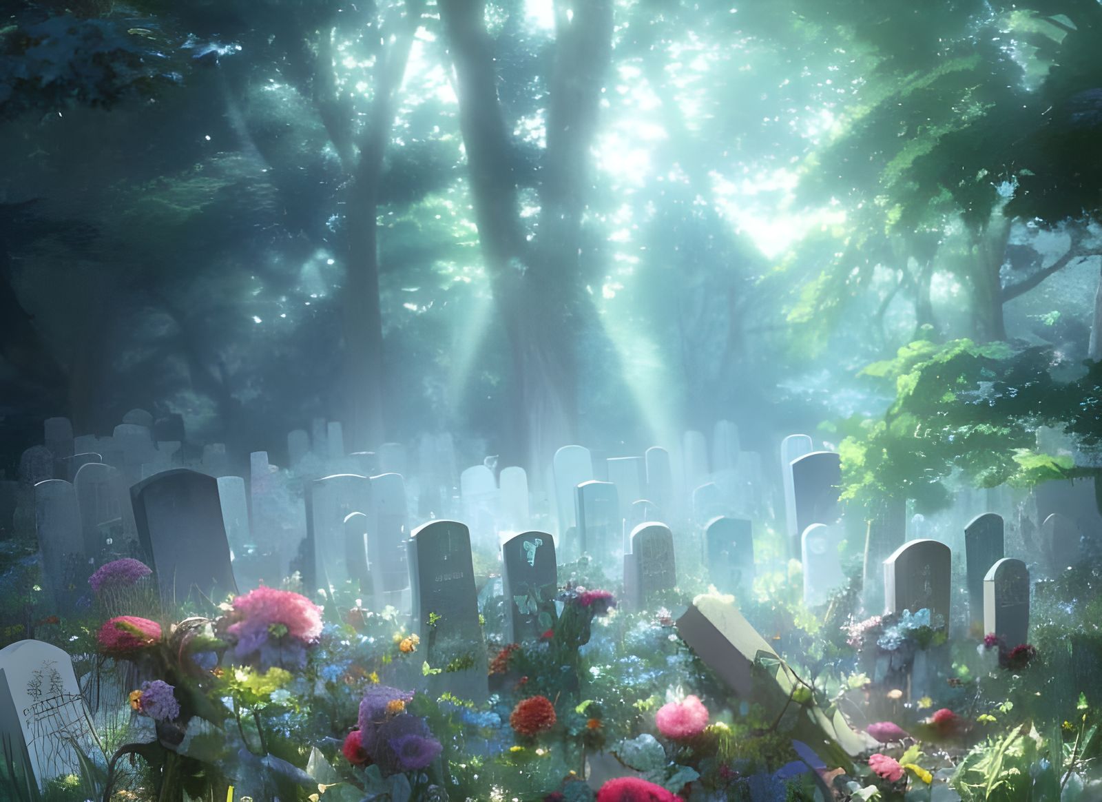 Floral Graveyard Scene with God Rays