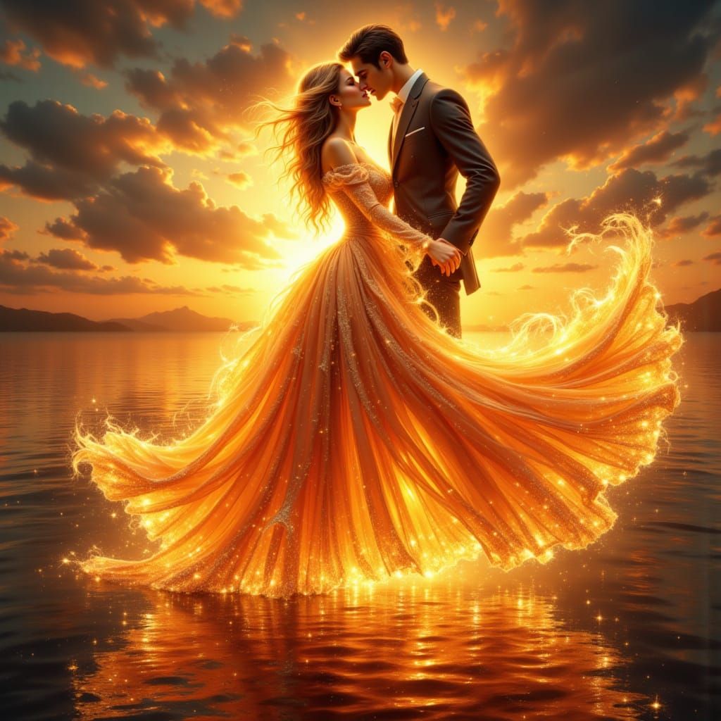 Couple Embracing in Molten Light, Surreal Sunset Dance