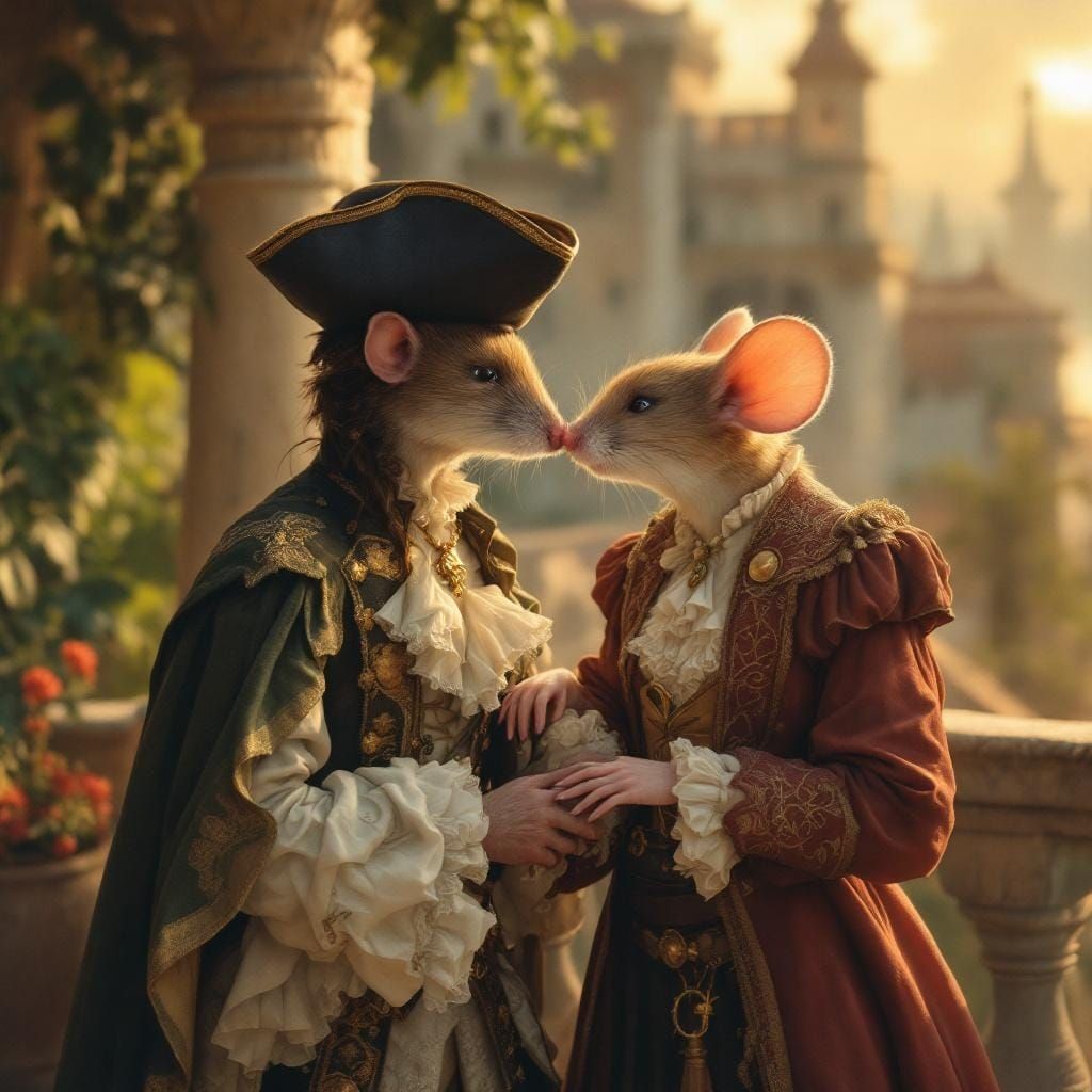 Romantic Pirate Mice Kiss in Renaissance Palace