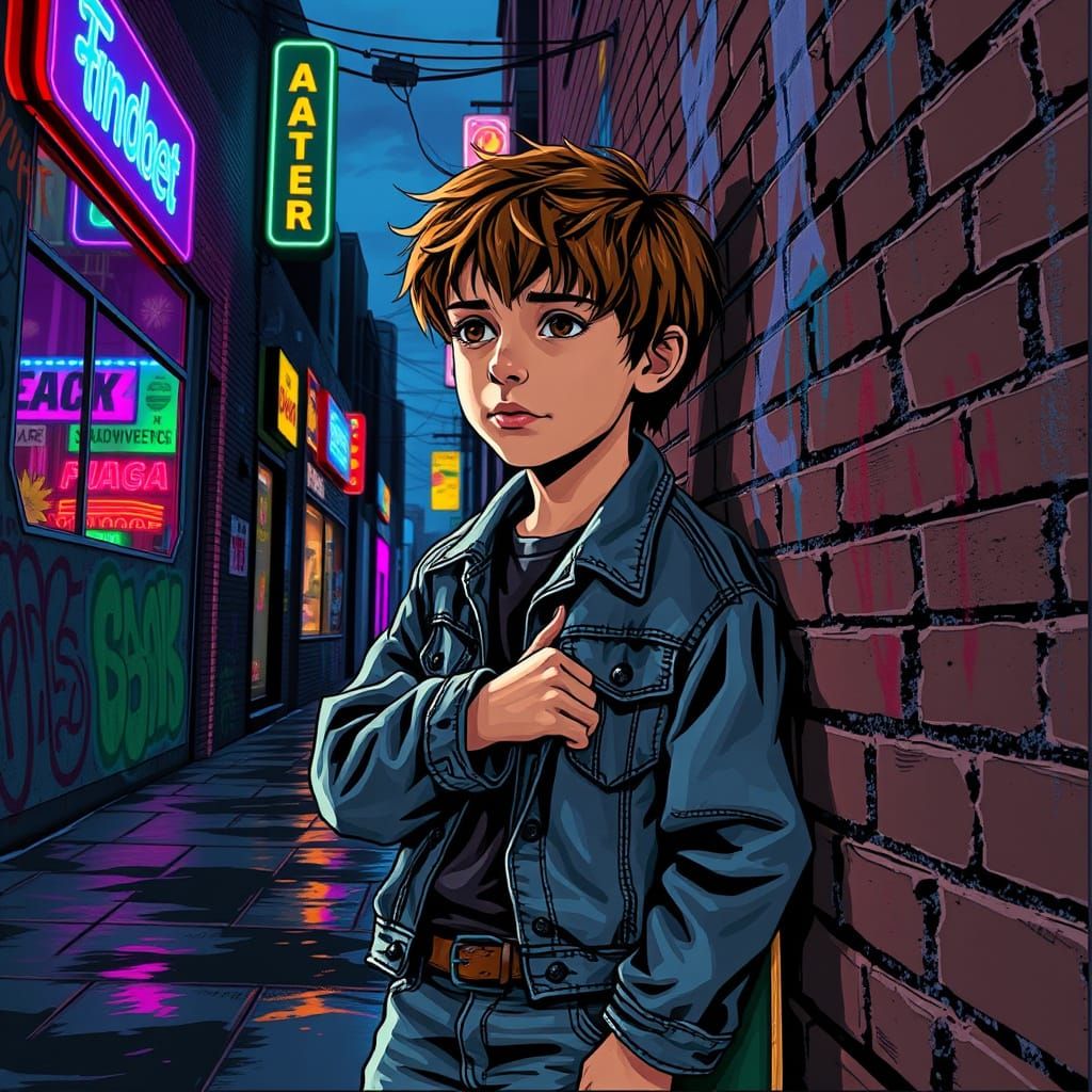 Urban Alley Boy Leaning on Graffiti Wall at Dusk