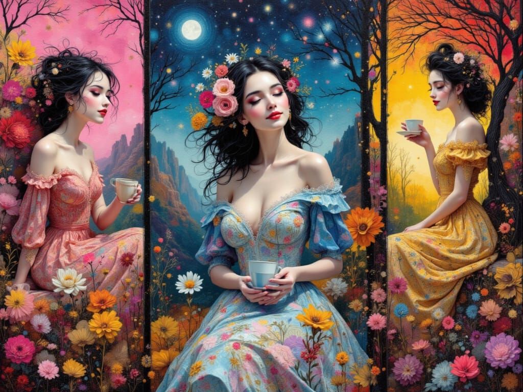 Triptych of Stylish Women in Surreal, Whimsical, and Impress...