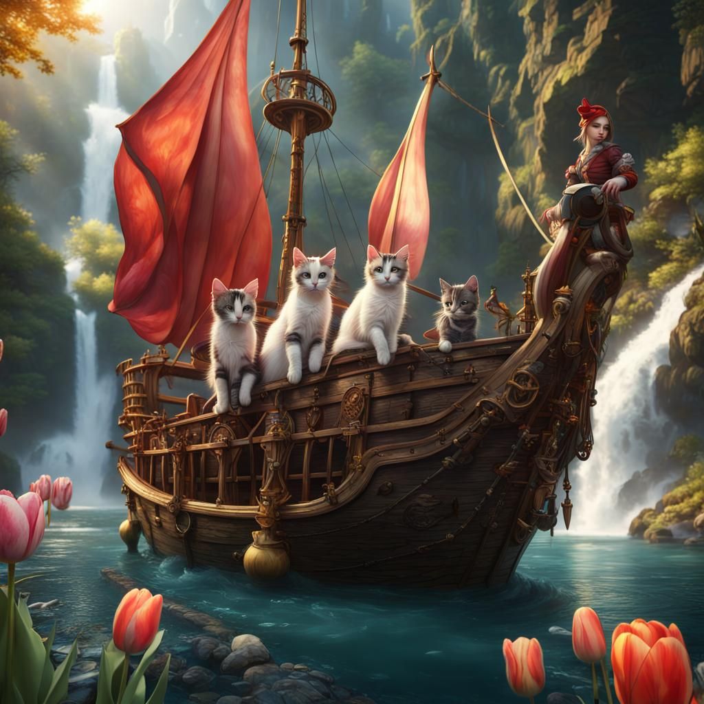 Cats on Pirate Ship with Tulip Sails