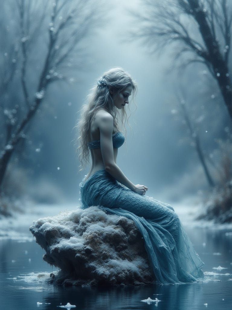 Mermaid in Edible Art Sea, Dry Brush Painting