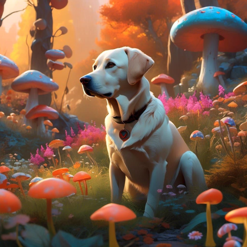 Labrador Dog in Whimsical Garden, Fantasy Art