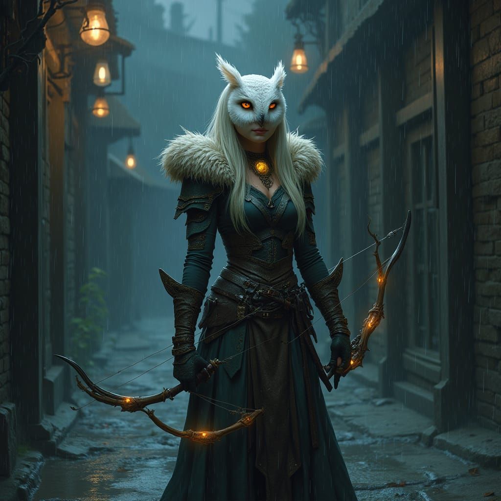 Owl-faced Ranger in a Dark Fantasy Alley