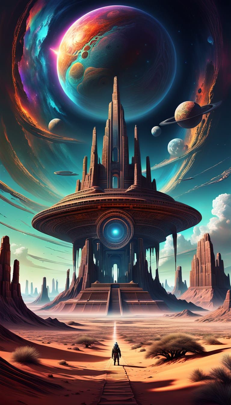 Cosmic Surrealism: Ancient Monument in Alien Desert