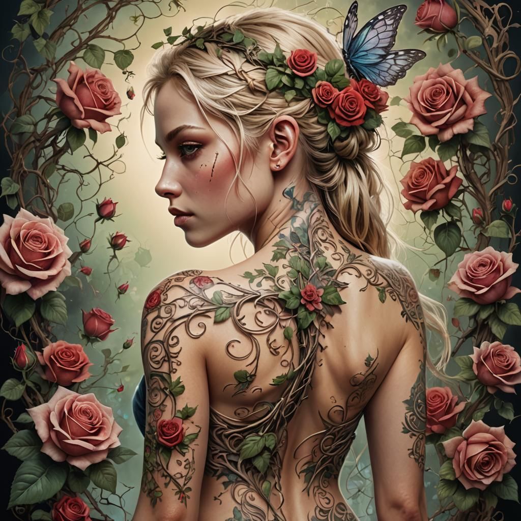 Beautiful full body back of a blond, with an ornate fairy ta...