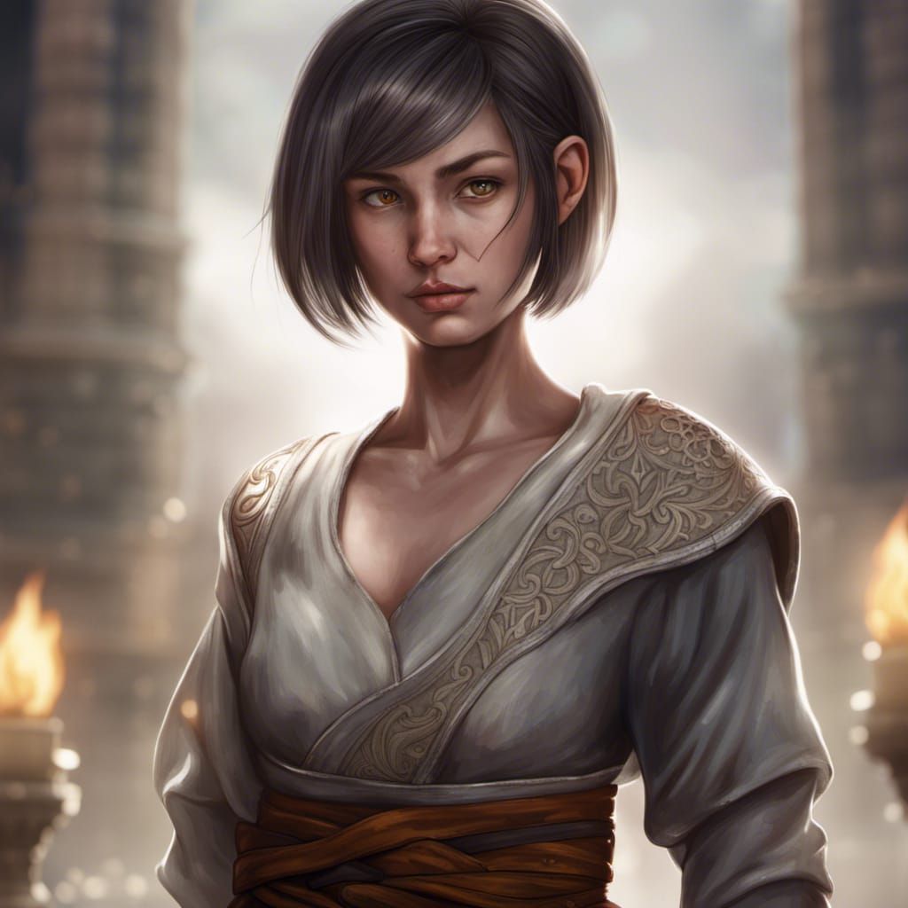 Hyperrealistic Monk Girl with Short Hair