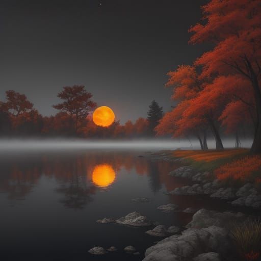 Mystical Autumn Lake Reflection Under Red Moon