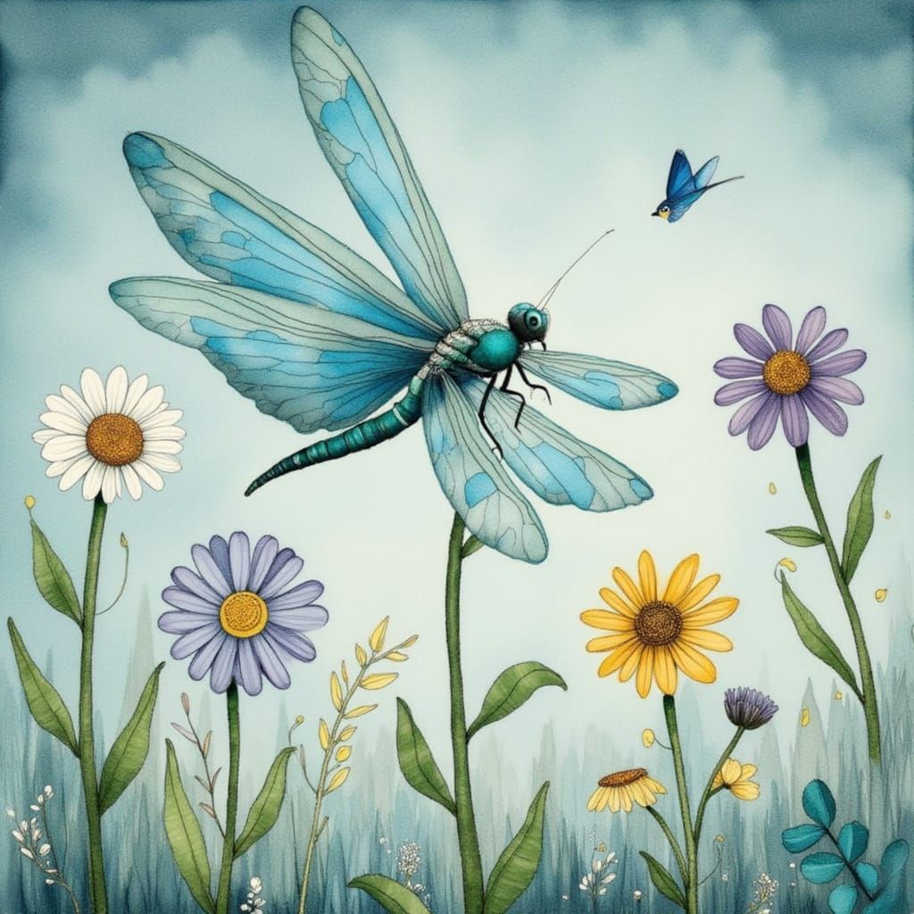 Dragonfly in Watercolor Field, Fairy Tale Illustration