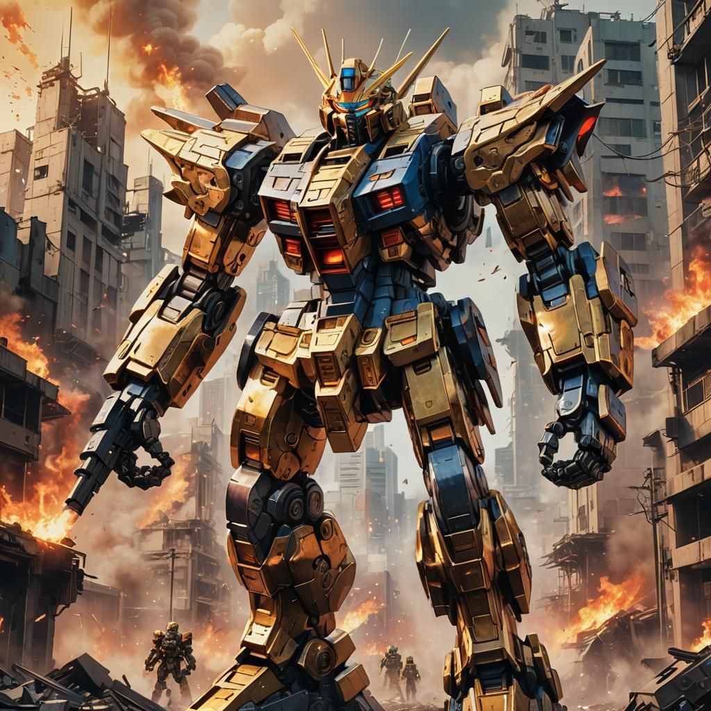 Gundam-Inspired Mecha Robot in Ruined City