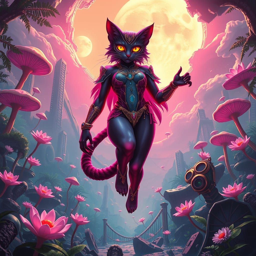 Cat Goddess Ascending in Dreamlike Neon Jungle