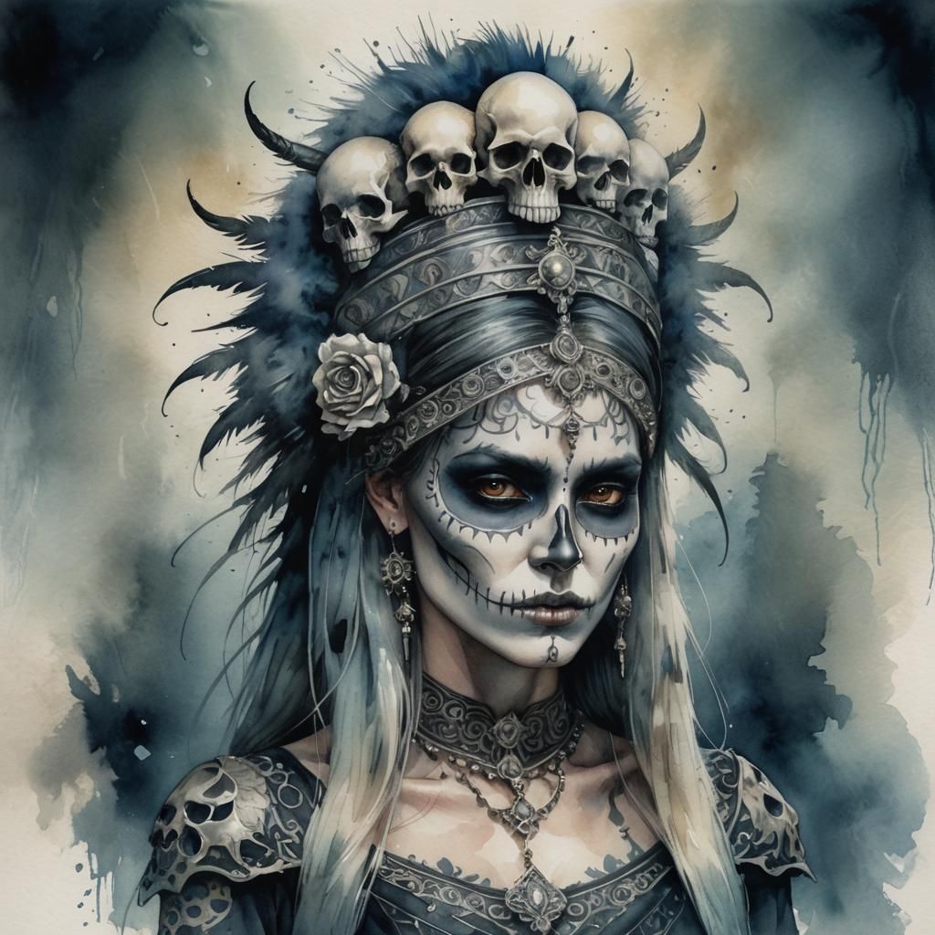 Ethereal Gothic Woman Portrait in Watercolor