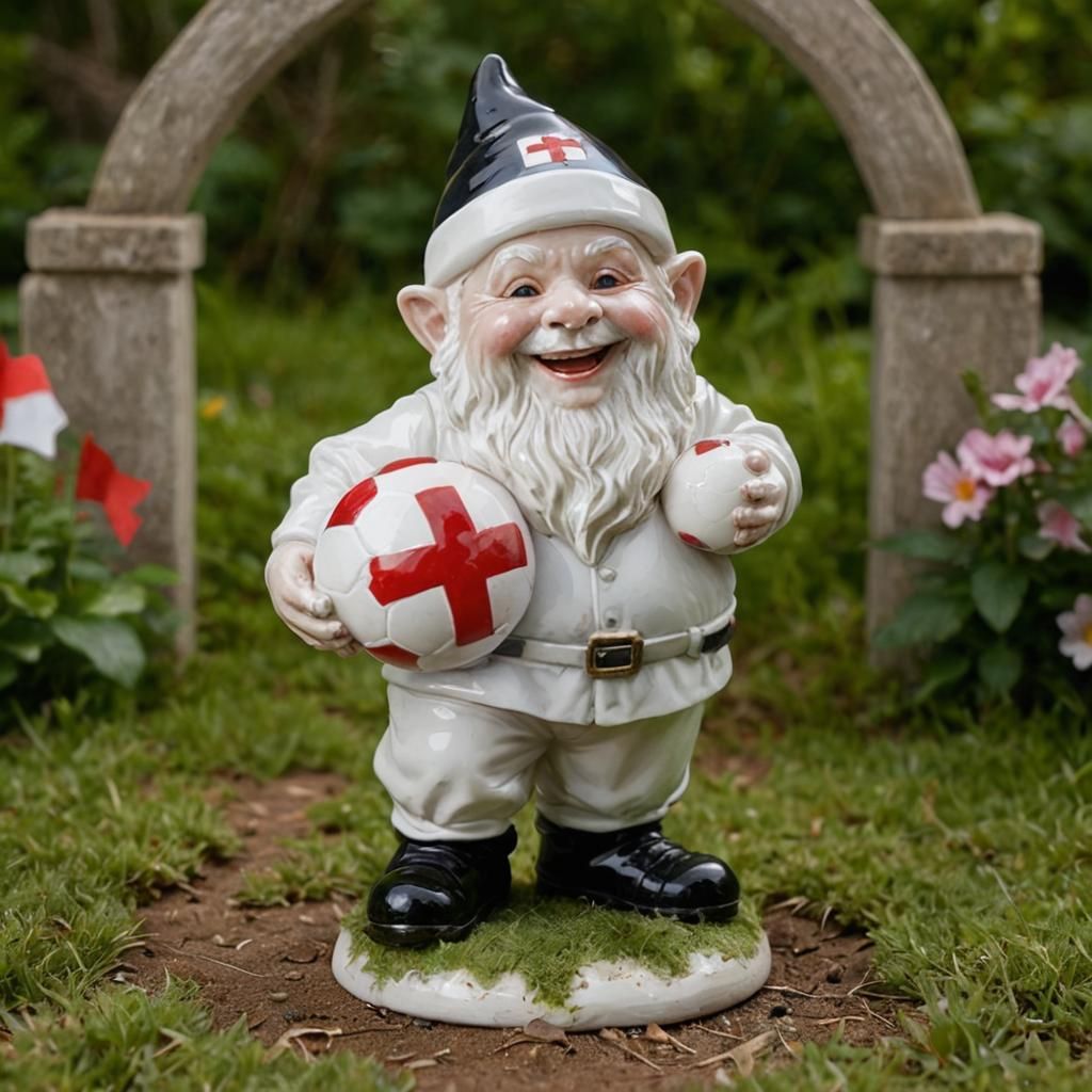 Porcelain Garden Gnome Holding Soccer Ball With England Flag